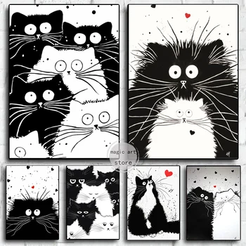 Cartoony черно-бяла котка, любител на скъпите котенков, кавайные плакати с образа на животни, живопис върху платно, стенни щампи, картини за детска стая, домашен декор
