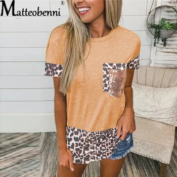 Лято 2021, нова дамски модни тениска с леопардовым принтом, ежедневни тениска с кръгло деколте и къс ръкав, с джобове, топ