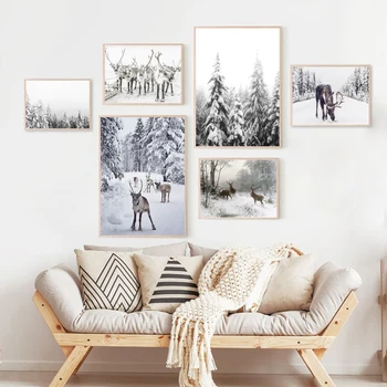 Модерен, скандинавски принт, Заснежени дървета, плакат, с гори, Природа, Зимния пейзаж, фотография, живопис върху платно, домашен стенен арт декор