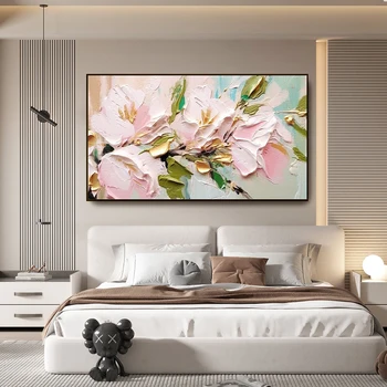 Ръчно рисувани с маслени бои, абстрактни Розово-златни цветове, Картина върху платно, Цветен декор на стени, монтиране на изкуството в хола, Пролетен интериор