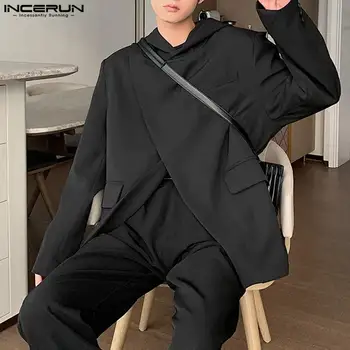 INCERUN Върховете 2023, Красив Мъжки костюм в корейски стил, с диагонална лента и качулка, Монофонични удобен всекидневен уличен блейзър S-5XL
