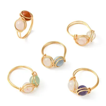 20 броя пръстени от мъниста от естествен камък, от злато, 18 карата, открит ивица, Розово-лилава пръстен от кристални мъниста за жени, бижута