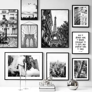 Стенно изкуство Платно Картина Черно-Бял Парижката кула на Бруклинския мост с Плакати скандинавскую тема И щампи Стенни Картини за вашия интериор дневна