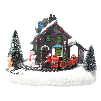 Нежна коледна къща, малка влак, селска къща, светлинен пейзаж, снежни фигурки, украса за работния плот е от смола, F19B