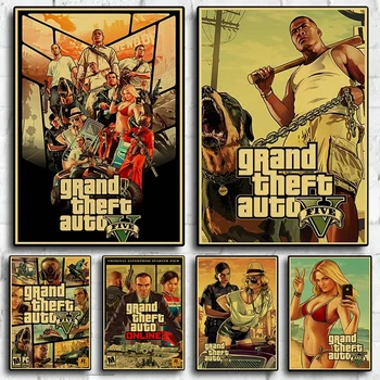 Плакат на GTA 5, картина върху платно, стенно изкуство, игра Grand Theft Auto V, тапети, щампи, рисувани стенни в бар, клуб, Декорация на дома, в спалнята, Cuadros