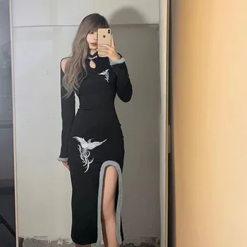 Ново черно Секси дълга женски Ципао в китайски стил с намаляване на фините китайското рокля, ретро костюм Дьяволицы с яка-часова