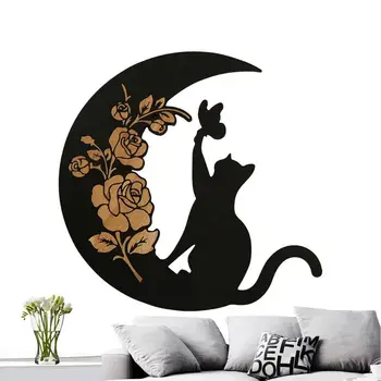 Декор на стени на Дървени Луната силует на черна котка, висящи украшения, Декоративни окачване на стената с черна котка, Стенни декорации за детската стая