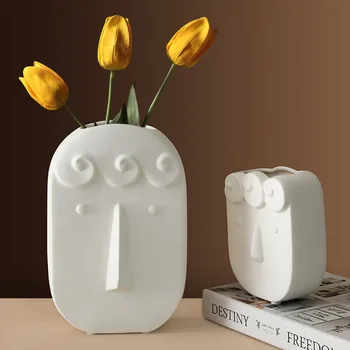 Nordic Ins Home Decor Керамична ваза за цветя, дизайн на човешкото лице, Началната ваза, Луксозен гърне за сухи цветя, Бяла ваза