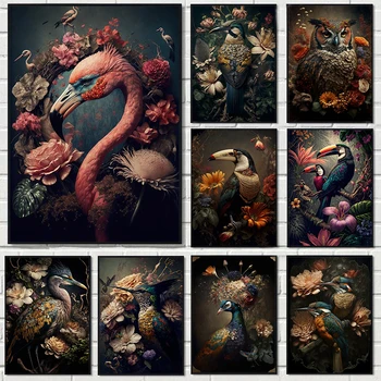 Ретро плакат с Фламинго, Павлином, Совой, Птици, Декорация за всекидневната, Тропическо растение, Цвете, домашен Любимец, Платно, стенно художествено изображение