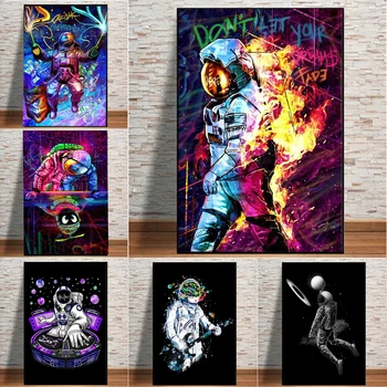 Постери на космическия астронавти Dj върху платно, Psytrance, кошмарен изкуство и техно-музика с принтом, картинки за украса на хола, Без рамка
