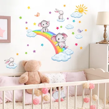 Стикери за стена под формата на мультяшного слон с розови облака за фонова стена, декоративни стикери за стена в стая, самозалепващи се стикери за стени
