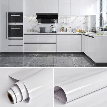 Чисто бяла Декоративна фолио PVC Самозалепващи се Тапети, Ремонт на кухненски шкафове Домашни Хартиени стикери за стена