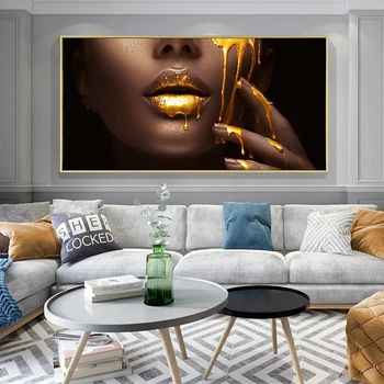 Луксозен плакат с изображение на женски устни и лице в рамка, абстрактна голи Секси жена, живопис с маслени бои върху платно, черно-златната статуетка, стенно художествено изображение