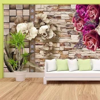 Обичай тапети за хола Rose Цвят Brick TV Background Тапет за дизайн на стени, Стенописи за домашен декор