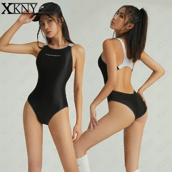 XCKNY сатен, гланц бански костюми са секси бански костюм с яка черен Лъскав бански монтиране на еластична силки едно парче бански