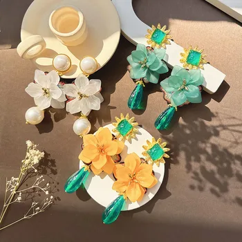 Луксозни обеци от цветна смола с листенца от 2023, нови дамски обеци с перли 14 хиляди